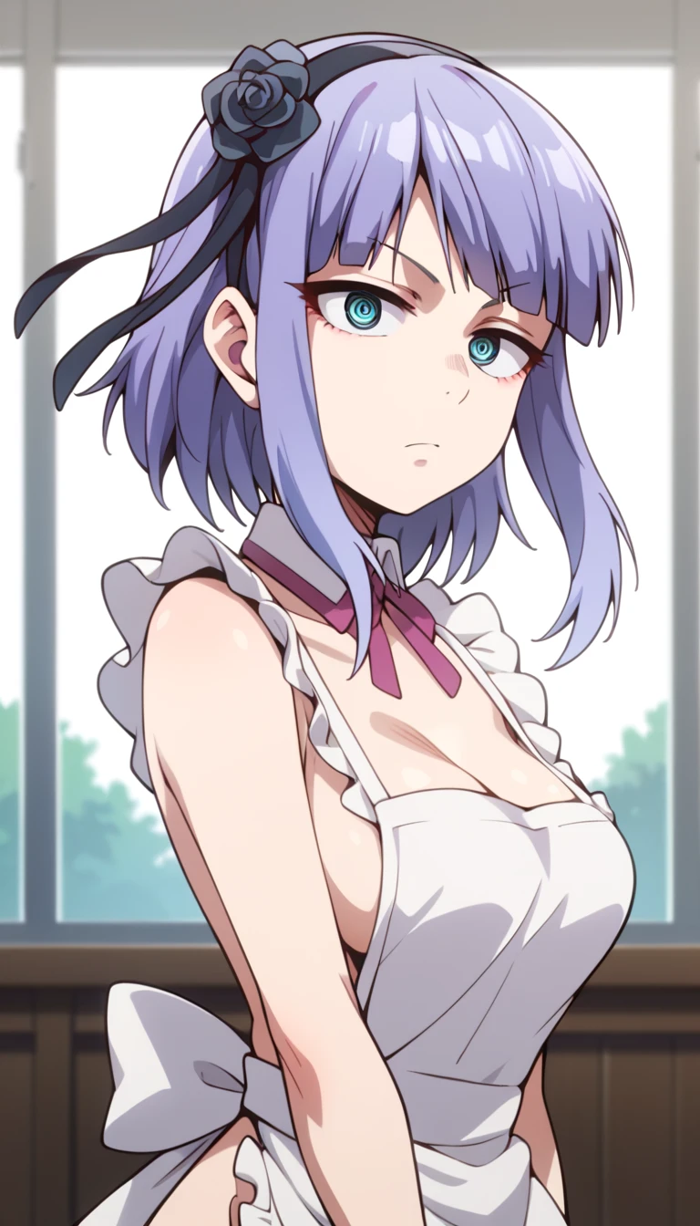 Hotaru Shidare, hotaru shidare, short hair, blue eyes, hair ornament, purple hair, flower, hairband, hair flower, ringed eyes, Breasts, red face, Suspender Naked Apron, nude