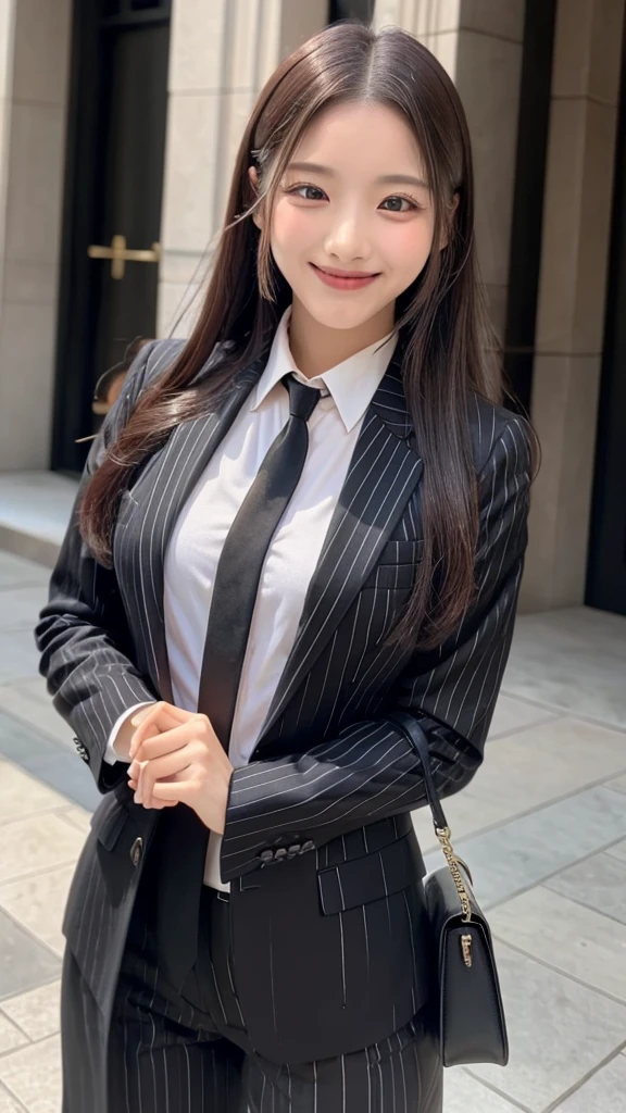 A woman in a black striped luxury suit　tie　smile　　