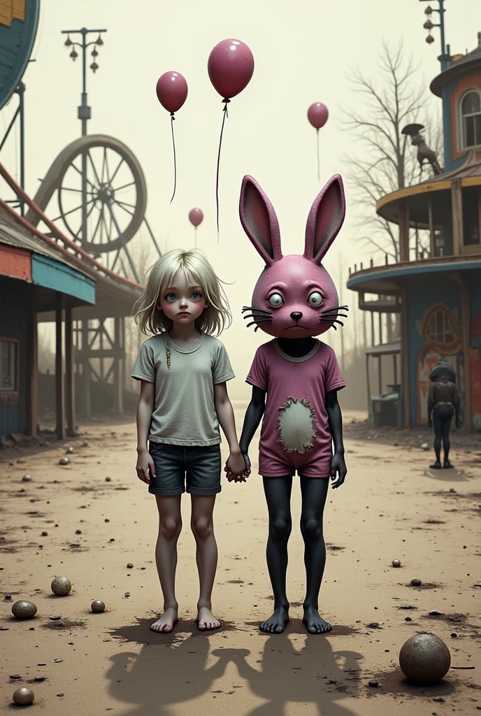 laughter, old, Torn, mascot costume pink rabbit with balloons and an despair face teen blonde girl with bare-foot are holding hands and looking at viewer in an very old, Desolate, Hurt, Broken Amusement Park  \( roller coaster, ferris wheel,  merry-go-round \),  Uneasy atmosphere , Horror Mood, landscape, 