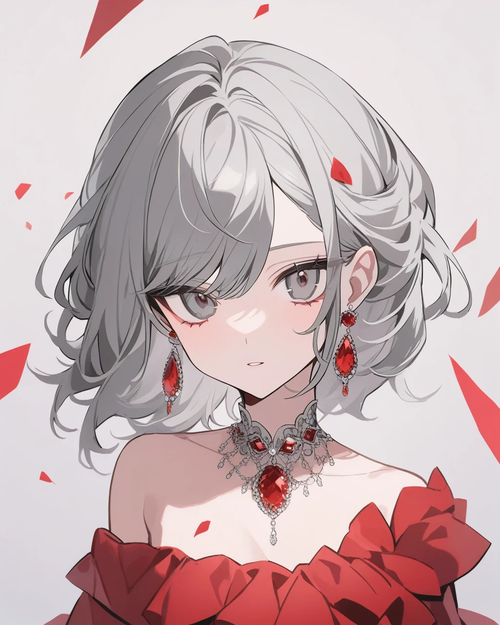 gray hair woman, Gray eyes, red dress, red jewel, red earrings, 