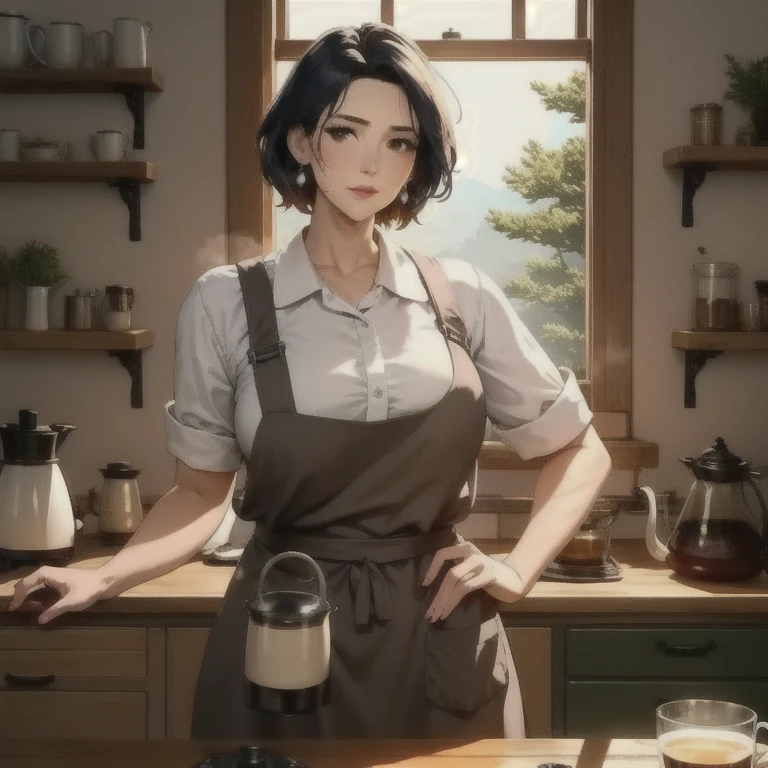 a woman in an apron holding a coffee pot, looking at the viewer with interest, detailed portrait, cinematic lighting, warm colors, photorealistic, 8k, high quality, masterpiece, ultra-detailed