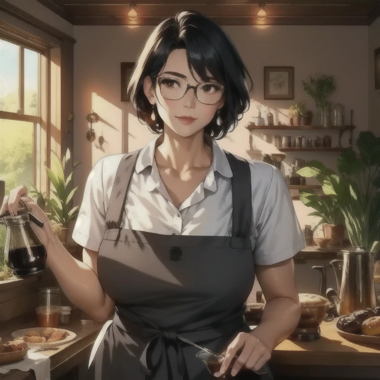 a woman in an apron holding a coffee pot, looking at the viewer with interest, detailed portrait, cinematic lighting, warm colors, photorealistic, 8k, high quality, masterpiece, ultra-detailed