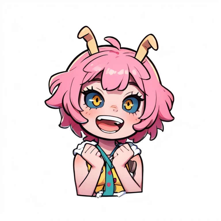 mina ashido, pink hair, 1girl, short hair, uhd, 4k, face detail, eyes detail, only_head, head_only, white background, solo, happy face expression, kawaii, chibi, upper body, circle frame, smiling , open mouth, vivid colors, ashido_mina, colored skin, pink skin, colored sclera, black sclera
