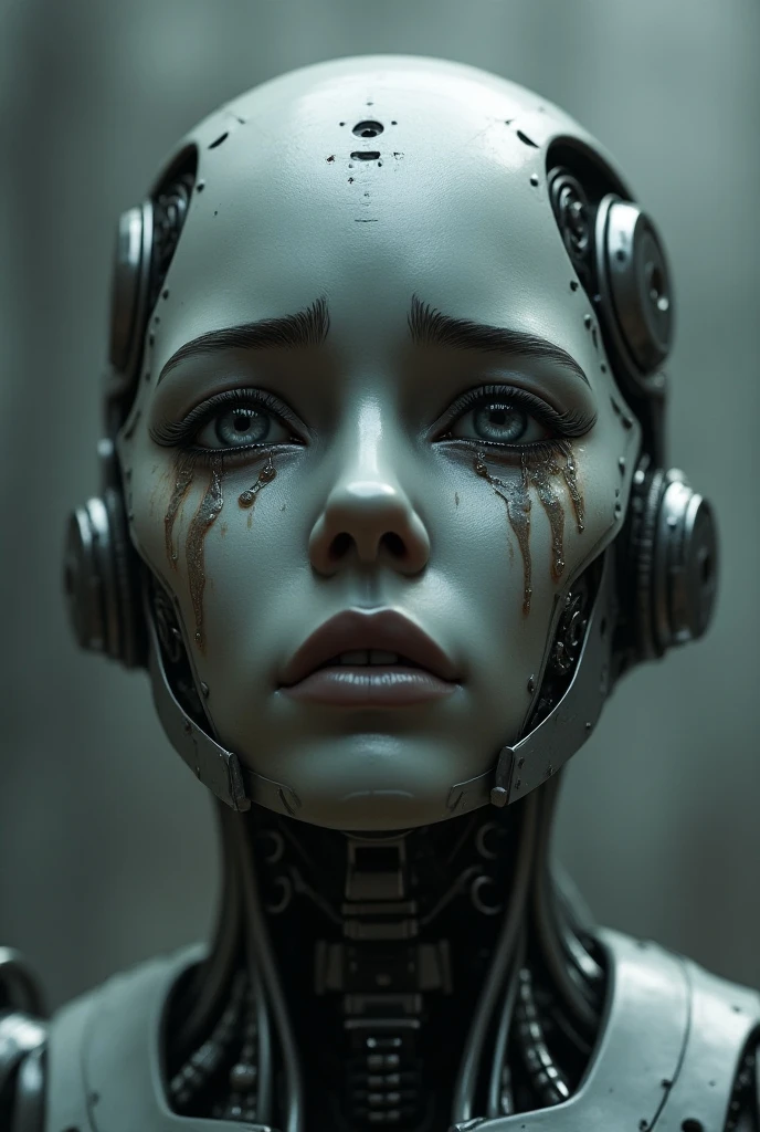 Robot style woman eye reflecting the sun cyber image crying tears blood