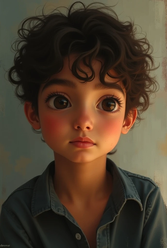a young boy's face with brown skin, long loose curly black hair, brown eyes in a realistic way