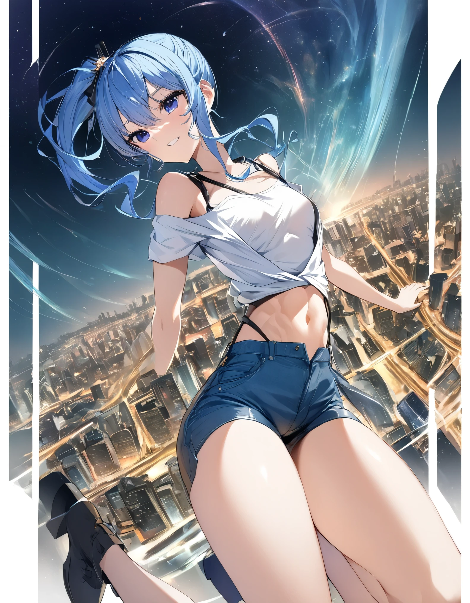 (8k、Best image quality、highest quality)、Detailed face、 1teen_girl、Blue Hair、Long Hair、sideponytail、dark_blue_eyes、smile,(peek_navel:0.7),(small_breasts:0.8),(White_T-shirt:1.3)、Off_shoulder、Black shoulder straps、(open_front_shorts,denim_short_shorts:1.2)、City Background, starry_sky_landscape ,hoshimachi suisei,nihil,solo,stargaze,girl_looking_up_sky,slender,solo,boots,abs, tight_waist,,slender_thighs,knees