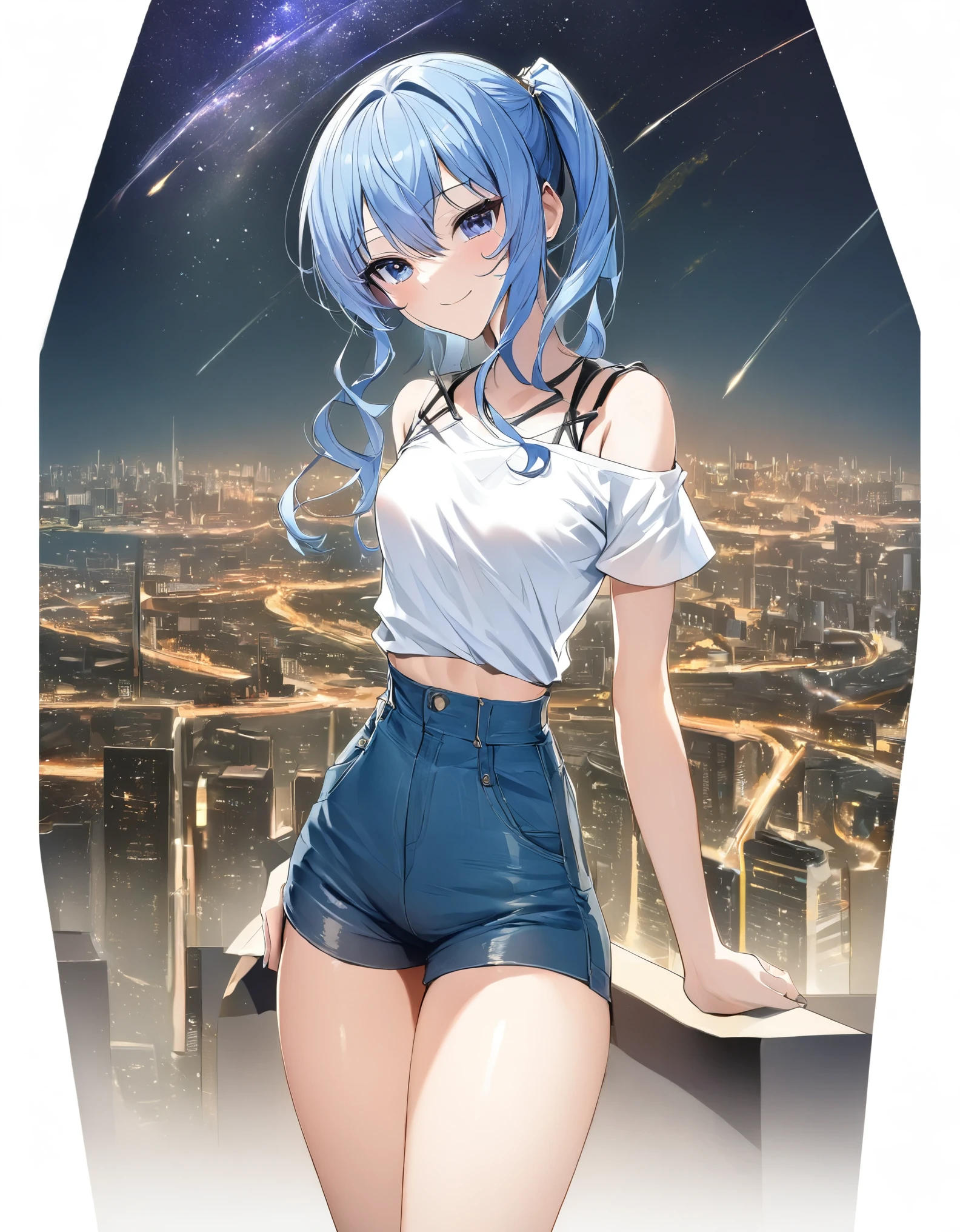 (8k、Best image quality、highest quality)、Detailed face、 1teen_girl、Blue Hair、Long Hair、sideponytail、dark_blue_eyes、smile,(peek_navel:0.7),(small_breasts:0.8),(White_T-shirt:1.3)、Off_shoulder、Black shoulder straps、(open_front_shorts,denim_short_shorts:1.2)、City Background, starry_sky_landscape ,hoshimachi suisei,nihil,solo,stargaze,girl_looking_up_sky,slender,solo,boots,abs, tight_waist,,slender_thighs,knees