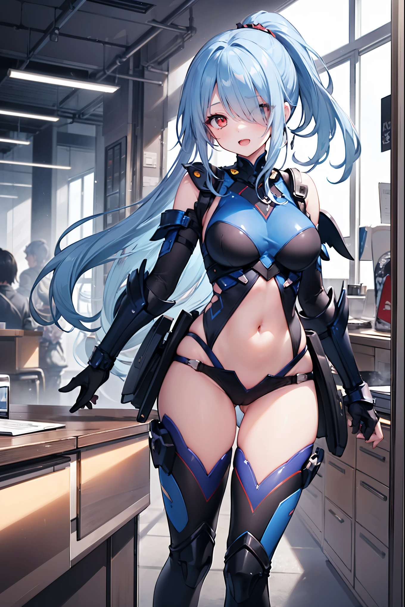 masterpiece,best quality,1girl,kos-mos,android,blue hair,red eyes,forehead protector,leotard,thighhighs,elbow gloves,bare shoulders,huge breasts,wide hips,thick thighs,expressionless,standing,crossed legs,POV,