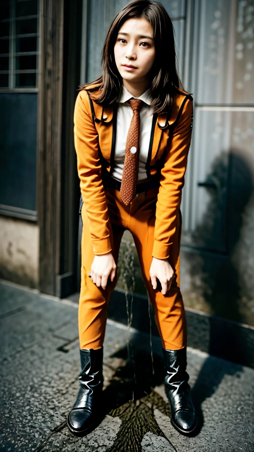 high resolution photograph of a Japanese woman, (best quality, masterpiece), (realistic, photo-realistic:1.2), RAW photo, intricate details, extremely detailed, cinematic lighting, full body, solo, 1girl, Hiroko Sakurai as Akiko Fuji, fujiakiko, beautiful lady, orange uniform, short boots, dark hair, pale skin, (detailed eyes, detailed face, sophisticated nose),  (peeing self while squatting with leaning forward, urinate a lot through pussy, urination:1.8), (pee stain, pee puddle:1.2), (perfect hands, perfect anatomy), (view from below, looking at viewer, face focus:1.3), photo background, outdoors, public park, daytime, blue sky and clouds,