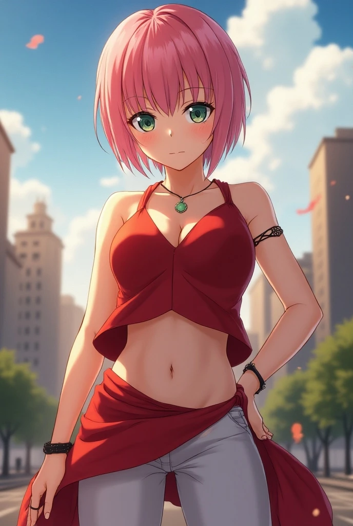 masterpiece, best quality,sharpness,absurdres ,1girl, haruno sakura,forehead mark, red hairband,, bracelet, looking at viewer, (arms behind head:1.1), smile,, middle large breasts,standing in a garden,arms behind back,closeup,only upperbody ,open leather jacket,cute bra