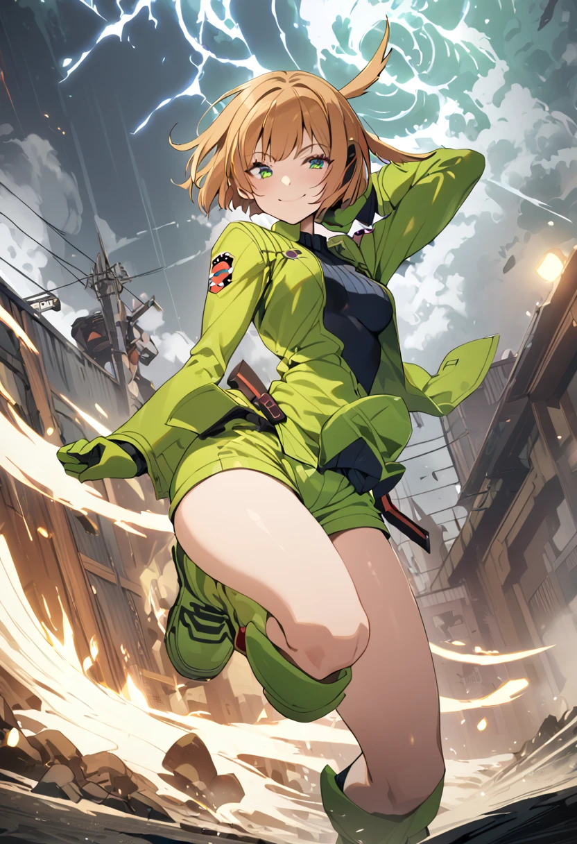 One girl, smile, masterpiece, Highest quality, Konami, green jacket, open jacket, gloves, green shorts, green footwear, cyclone, green eyes, blond hair