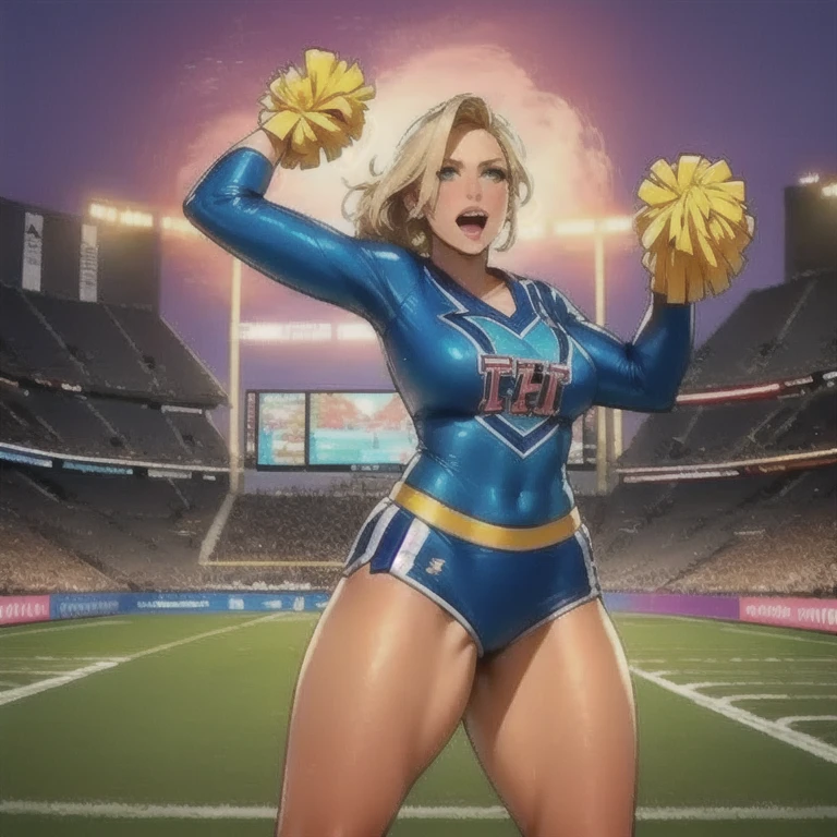 a blonde cheerleader leader cheering on game day, showing full body, american football field background, well-dressed cheerleader leader, highly detailed, 8k, photorealistic, cinematic lighting, dynamic pose, vibrant colors