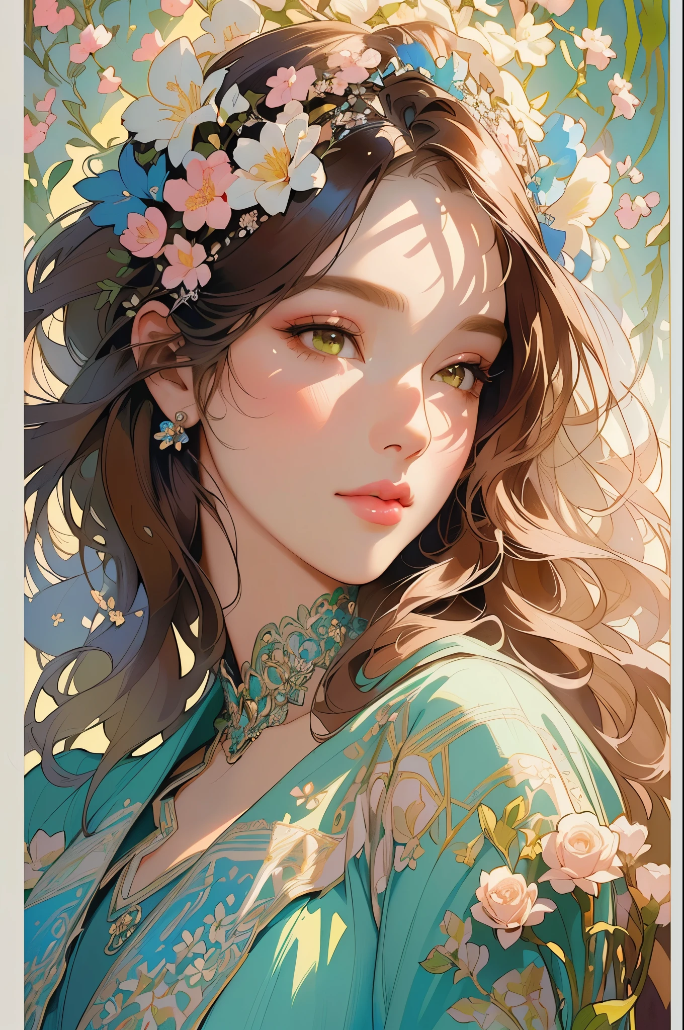 a close up of a woman with flowers in her hair, beautiful digital illustration, beautiful fantasy art portrait, exquisite digital illustration, beautiful fantasy portrait, beautiful gorgeous digital art, a beautiful artwork illustration, stunning digital illustration, gorgeous digital art, beautiful digital artwork, beautiful digital art, very beautiful digital art, fantasy art portrait, beautiful character painting, alphonse mucha and rossdraws