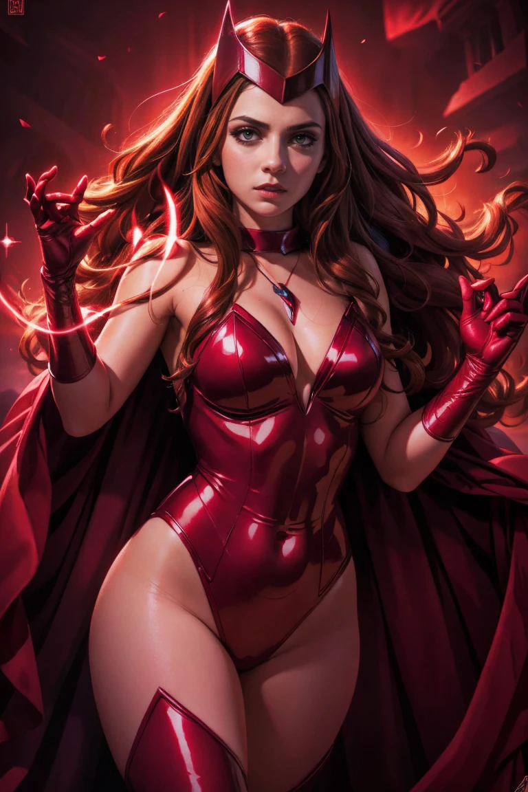 best quality,ultra-detailed,realistic,sexy scarlet witch,beautiful detailed eyes, beautiful detailed lips, long red hair, witch costume, glowing magical powers, intense gaze, confident posture, dark and mysterious background, vibrant colors, enchanting art style, dramatic lighting