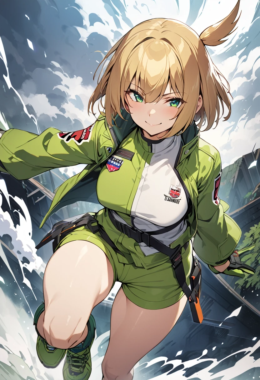 One girl, smile, masterpiece, Highest quality, Konami, green jacket, open jacket, gloves, green shorts, green footwear, cyclone, green eyes, blond hair