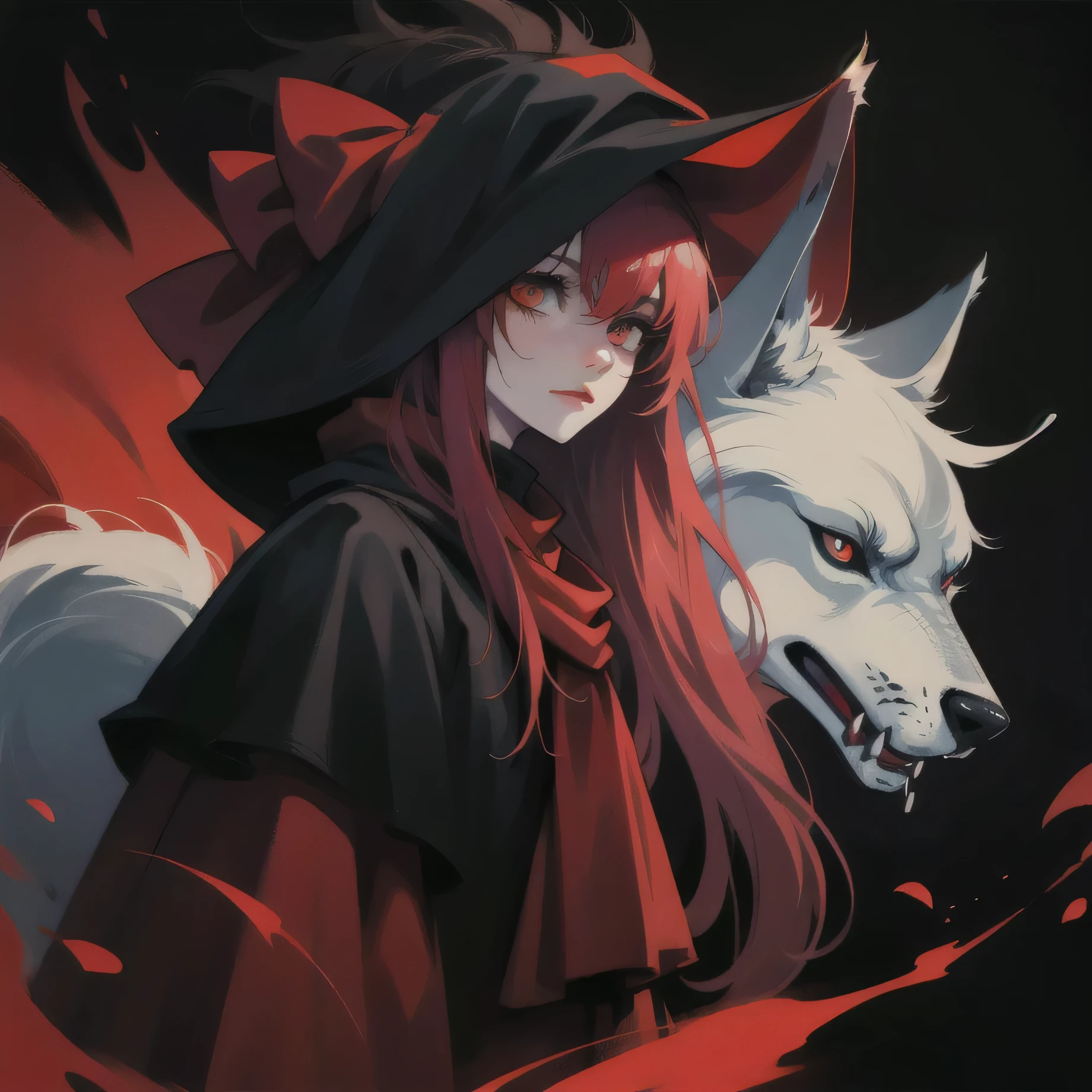 (anime mode), scarlet hair, long hair, bandit, black mask, night with full moon, little fog