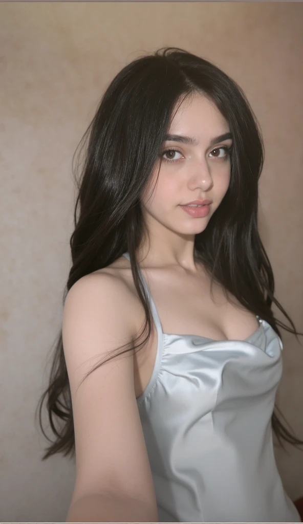Beautiful girl with black hair, dressed in a black evening dress, with beautiful blue eyes