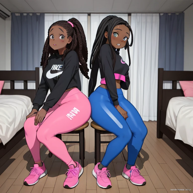 2 females, box braids, black box braids hair black girl afro hair, darker skin, brown skin, huge breast, thick legs, light blue eyes, pink sweater, (nike pros 3.0), (nike pro leggings), boots, bedroom, house, thick ass, butt butt, sexy pose, walking, sitting down, in the chair, thick ass, ass, (holding crotch 3.0), (pees herself 3.0), (pee stains 3.0), (pee puddle 3.0), (pee from crotch 3.0), (holding crotch 3.0), blushing face 3.0, POV from infront and behind 3.0, viewers looking infront 3.0, (sweating 3.0), slanted eyes 2.0,  (clenched teeth while orgasm 3.0), (two people 3.0)