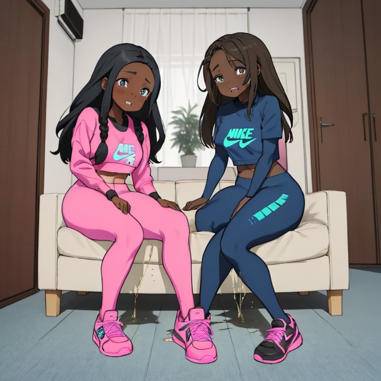 2 females, box braids, black box braids hair black girl afro hair, darker skin, brown skin, huge breast, thick legs, light blue eyes, pink sweater, (nike pros 3.0), (nike pro leggings), boots, bedroom, house, thick ass, butt butt, sexy pose, walking, sitting down, in the chair, thick ass, ass, (holding crotch 3.0), (pees herself 3.0), (pee stains 3.0), (pee puddle 3.0), (pee from crotch 3.0), (holding crotch 3.0), blushing face 3.0, POV from infront and behind 3.0, viewers looking infront 3.0, (sweating 3.0), slanted eyes 2.0,  (clenched teeth while orgasm 3.0), (two people 3.0)