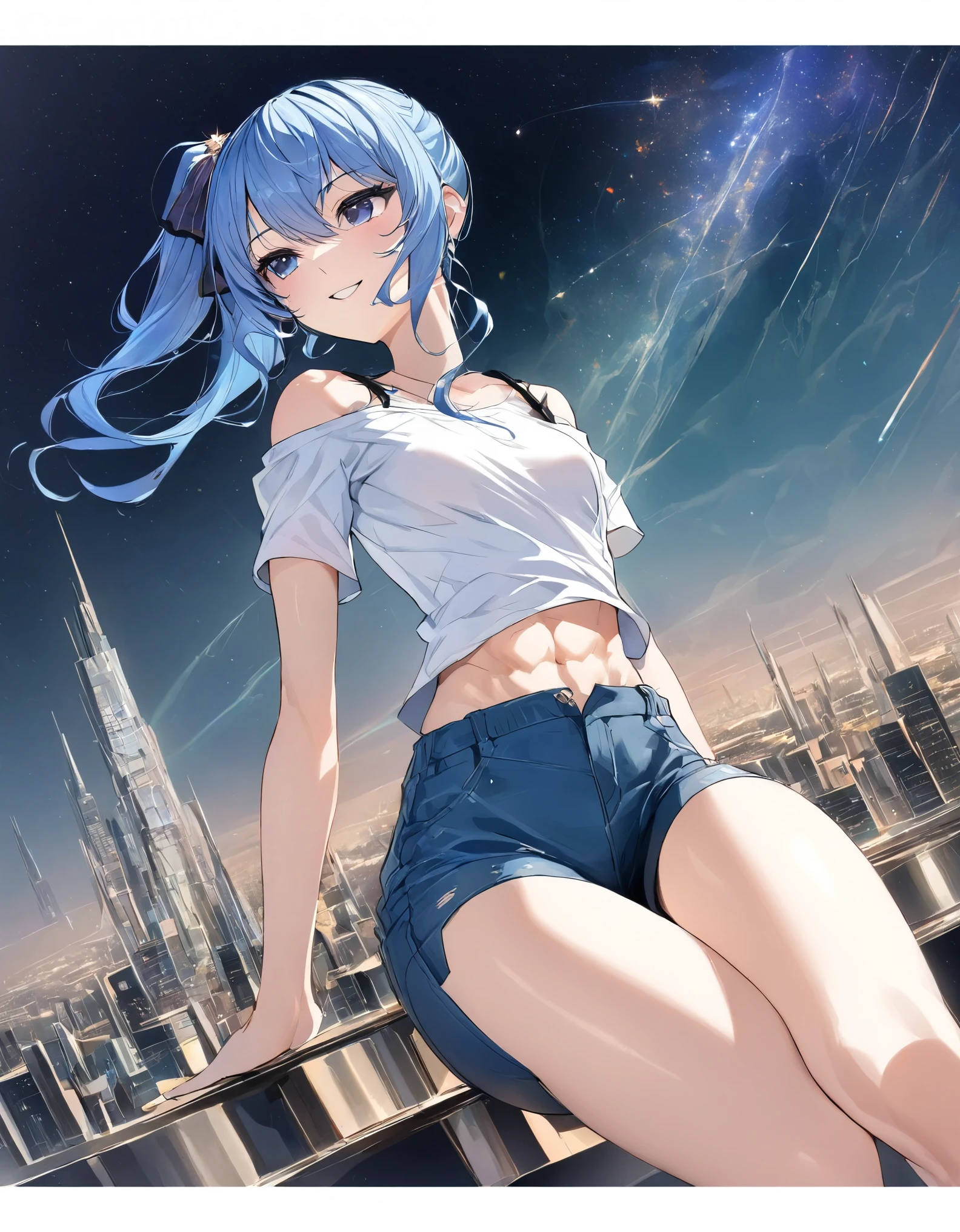 (8k、Best image quality、highest quality)、Detailed face、 1teen_girl、Blue Hair、Long Hair、sideponytail、dark_blue_eyes、smile,(peek_navel:0.7),(small_breasts:0.8),(White_T-shirt:1.3)、Off_shoulder、Black shoulder straps、(open_front_shorts,denim_short_shorts:1.2), starry_sky_city_landscape ,hoshimachi suisei,nihil,solo,stargaze,girl_looking_up_sky,slender,solo,boots,abs, tight_waist,,slender_thighs,knees