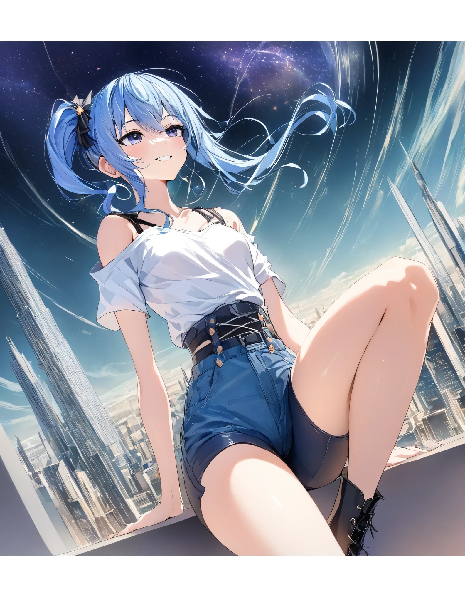 (8k、Best image quality、highest quality)、Detailed face、 1teen_girl、Blue Hair、Long Hair、sideponytail、dark_blue_eyes、smile,(peek_navel:0.7),(small_breasts:0.8),(White_T-shirt:1.3)、Off_shoulder、Black shoulder straps、(open_front_shorts,denim_short_shorts:1.2), starry_sky_city_landscape ,hoshimachi suisei,nihil,solo,stargaze,girl_looking_up_sky,slender,solo,boots,abs, tight_waist,,slender_thighs,knees