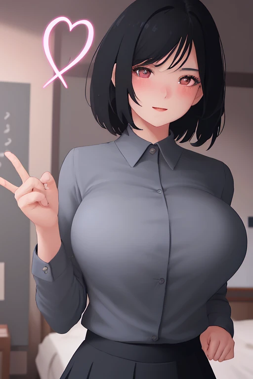 1girl, short black hair, excited expression, blushing, school uniform, hands making heart shape on chest, large bust, detailed bedroom interior, award-winning illustration, high quality, photorealistic, 8k, cinematic lighting, vibrant colors, dynamic pose