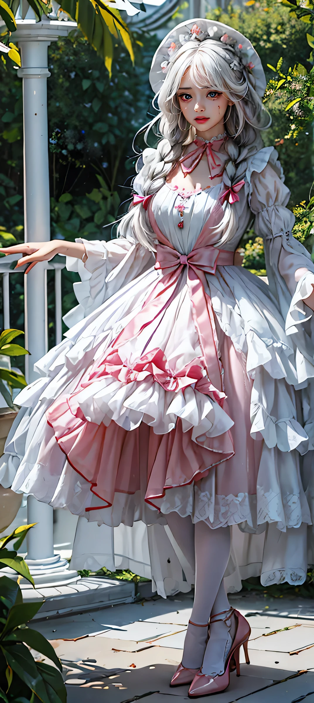 Best quality, masterpiece, ultra high res, (photorealistic:1.4), 1girl, solo, balck hair, straight hair, blunt bangs, looking at viewer, smile, long sleeves, layered dress, wrist cuffs, frills, puffy sleeves, lace-trimmed dress,red dress, necklace, jewelry, simple background,(Full Body),(cute face:1.5),(huge breasts:1.2),high-heels,big hips, medium thighs,