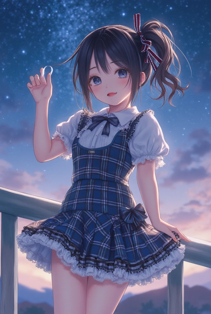 photorealsitic,best quality,1girl,idole,cute girl,kawaii,smile,medium large breasts,collarbone,hair ribbon,fantastical frilled costume,tattersall check mini skirt,looking at viewer,full body,ponytail,starry sky