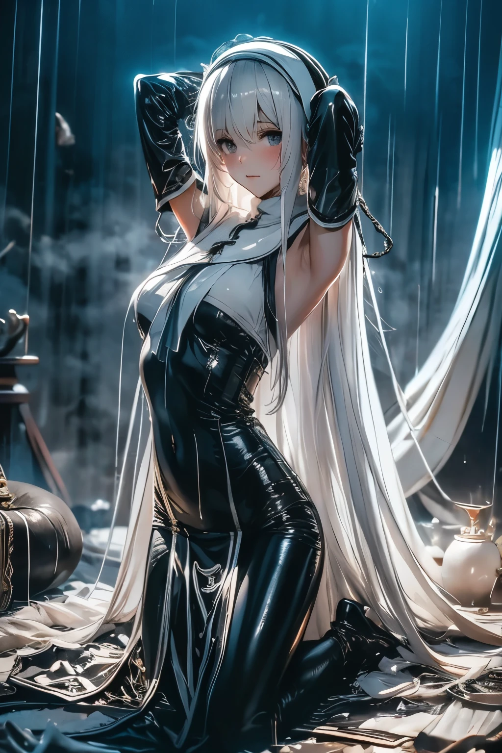 （（（ＳＦＷ、Highest quality、 first class、masterpiece、Normal body、8k、Detailed face、Ultra-precision、Normal hand、Normal finger、Masterpiece）））、Nuns、sister、Silver Hair、Model body type、Big Breasts、Pitiful、pure、clear、Polite、Obedience、virgin、Shy、 black and white sister clothes full of slits、 black and white overexposed sister clothes 、 black and white racy sister clothes 、 black and white sexy sister clothes 、Eros Sister、It rains nothing、 sleeveless、Tube tops、White chest 、 super ter Clothes、ultra-thin sister clothes、See-through、 Clear Body Lines、Black and white Pichri sister clothes 、 blushing in black and white erotic sister clothes 、 black and white sister's clothes are showing through and she's embarrassed、Embarrassed and looking down 、 ChainChain、ChainBind 、ChainBondage、ChainBIND、Punishment