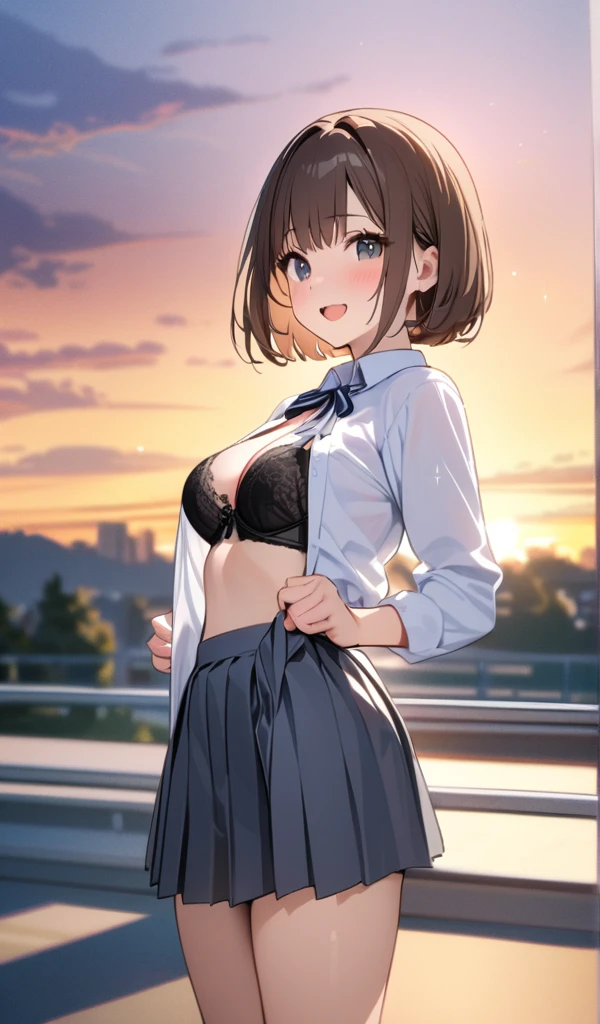 (One Girl),(  best quality, 8k, masterpiece:1.3),((Brown hair bob cut:1.1)),(Cute eyes,   black eyes ), (Medium Breast),( Amazing vibe  ), Ultra high definition depiction , Sparkle Effect, 

Evening Classroom,sunset,

 Black panties, black lace bra,Navy knee socks,White slippers, 

High school girl,Grey Skirt, white shirt,Navy Ribbon,

smile,

 raise your skirt with both hands to show off your panties, standing posture, opens her mouth, Unbutton your shirt to show your bra ,