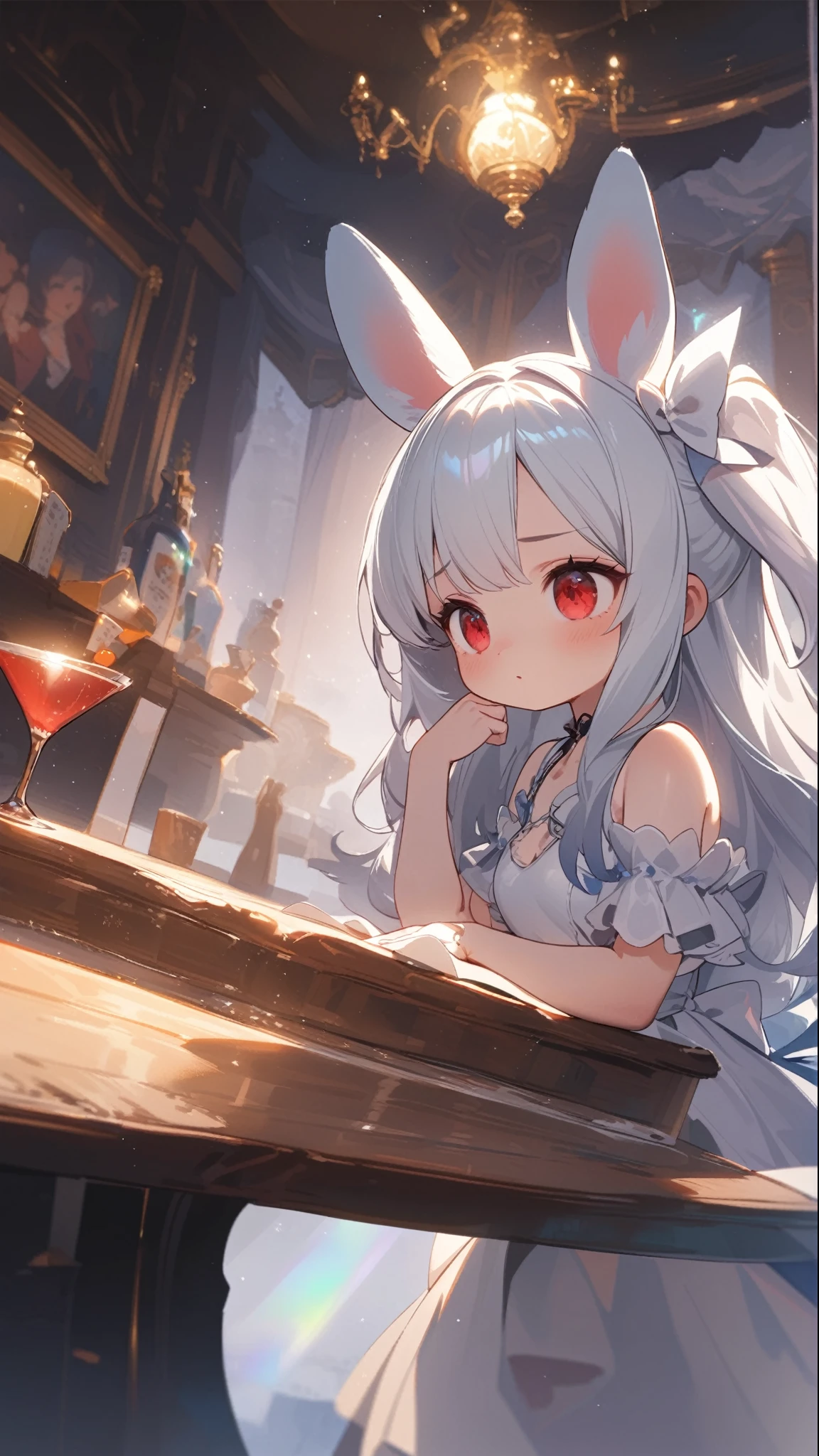 (2.5D),oil painting,solo,1girl\(2.5D,Chibi,cute,kawaii,small ,(white hair:1.4),long,hair,rabbit ear,white classic dress with frill,red eyes,big eyes,skin color white,big black hairbow,thinking about somthing\), BREAK ,background\(inside,(gothic bar),Beautiful chandelier,at counter,cute beautiful (iridescent colored cocktail:1.3) on the table,simple\),(2.5D), BREAK ,quality\(masterpiece, best quality,8k,wallpaper of extremely detailed CG unit, high resolution, top-quality, top-quality real texture skin, hyper realistic, increase the resolution, RAW photos, best quality, highly detailed, the wallpaper,golden ratio,high saturation realism, vibrant colors, dramatic lighting, persuasive storytelling, atmospheric scenery, captivating visuals, intricate details, strong emotions,dreamlike world\),[nsfw],(dynamic angle:1.3)