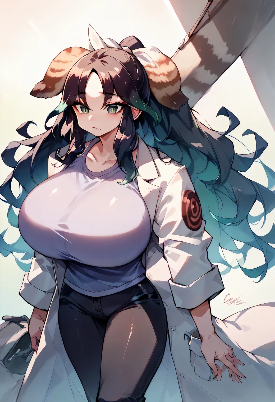 Wavy hair, long black hair with a strong blue tint, tied in a ponytail with a ribbon, the ends of the hair are a light green gradient, a light gray shirt, black pants, a white coat, (huge breasts)