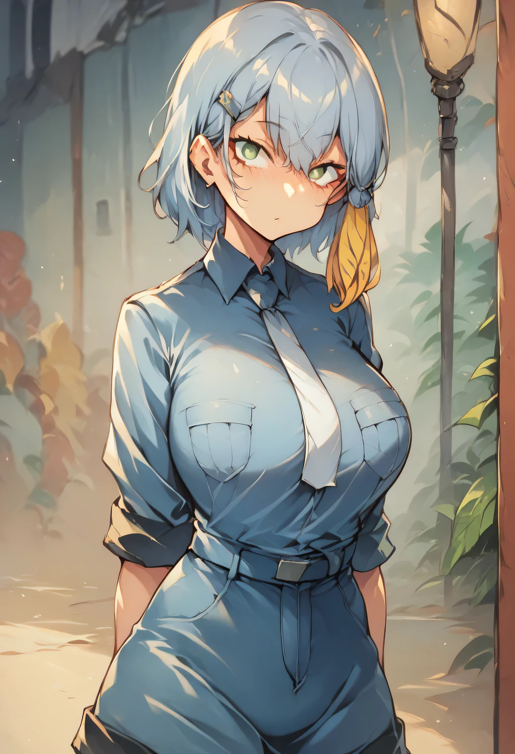 Gray hair, ((It has large gradient wings growing on both sides of its head)), yellow dyed hair tied with a hair clip next to the left ear, gray summer security uniform, white tie, V-cut bangs, sharp eyes, (large breasts), knee shot