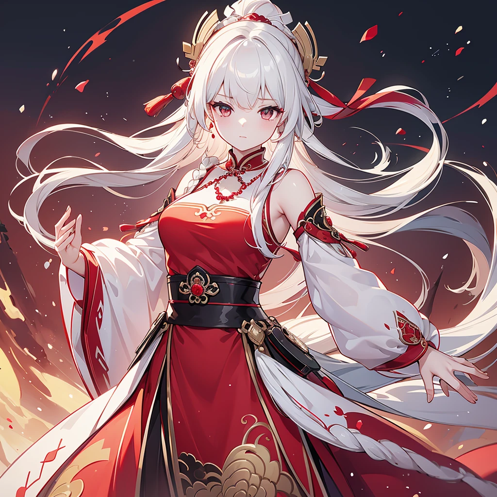 wavy hair、long、white hair、white and red eyes、beautiful girl、beautiful、high resolution、earrings、slanted eyes、cool、red inner color、Red and white cheongsam