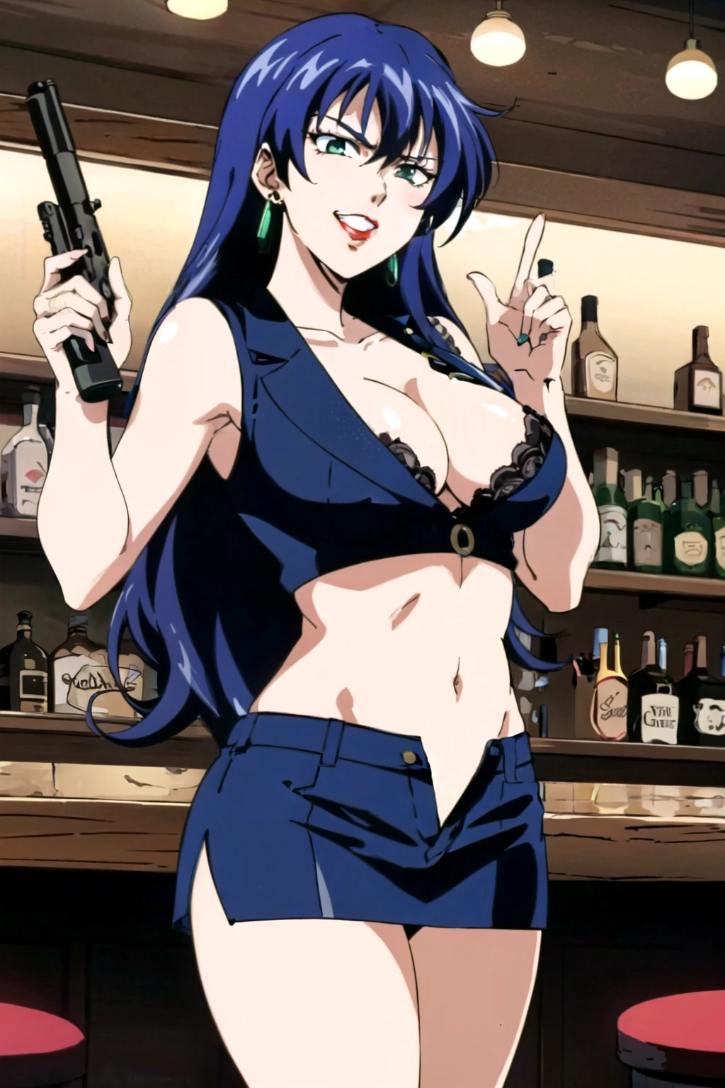 1girl, solo, purple hair, long hair, blush, lipstick,, masterpiece, best quality, ((unbuttoned , cleavage, necklace, earrings, sexy body, breasts)) , micro skirt, smiling, navel , exposed belly, exposed navel,,school, knot, classroom , holding a gun, hold a gun,