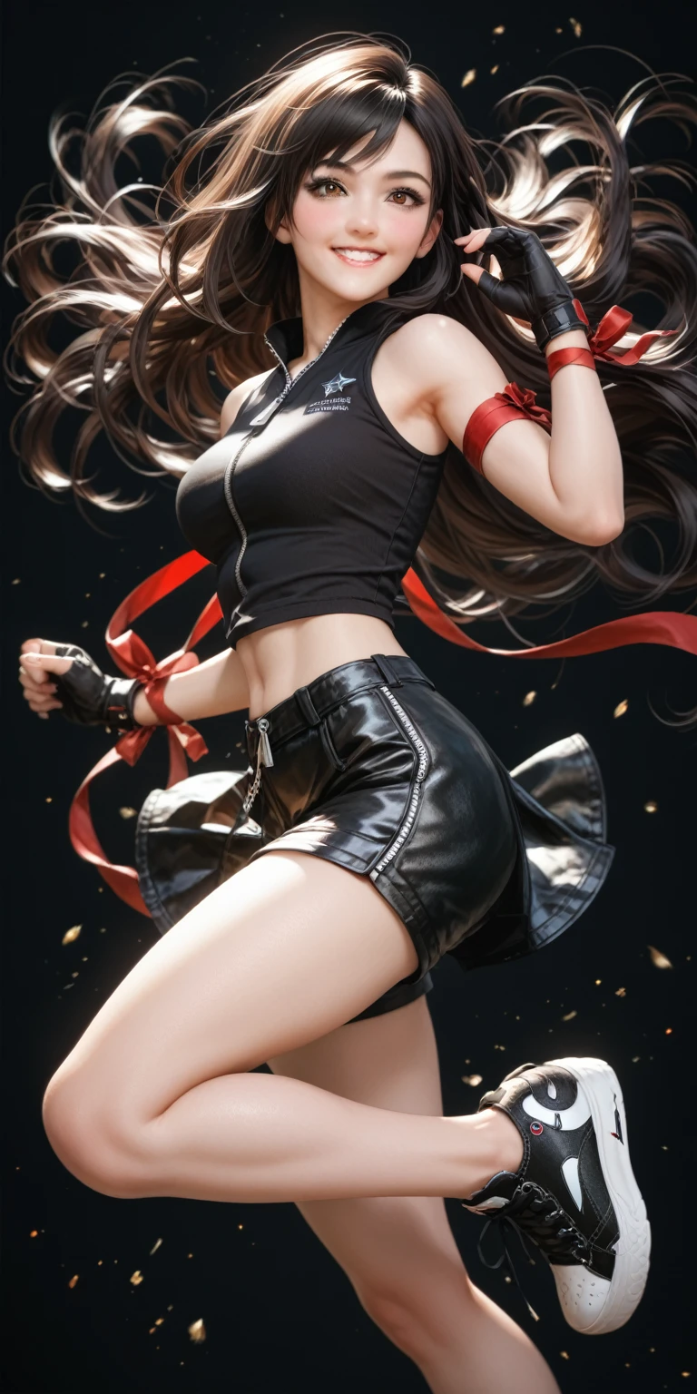 (masterpiece,Highest quality,Ultra-high resolution),(((A very beautiful girl))), age 25, acTifa, brown eyes, dark brown long hair, black shirt, black tank top, zipper, black skirt, midriff, black shorts, black gloves, red arm ribbon, black sneakers, dynamic pose, sexy pose, blush, hair blowing in the wind, black background, smile