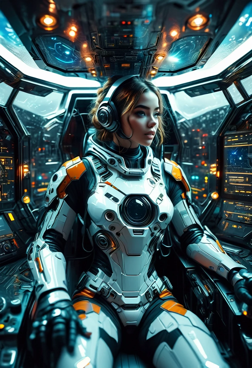  Futuristic Astronaut Inside a Spaceship,  control panel , High-tech interior,  Metal and Glass Material ,  atmospheric lighting , Dramatic Cinematic Composition ,  intricate details, Realistic,  Concept Art Style 