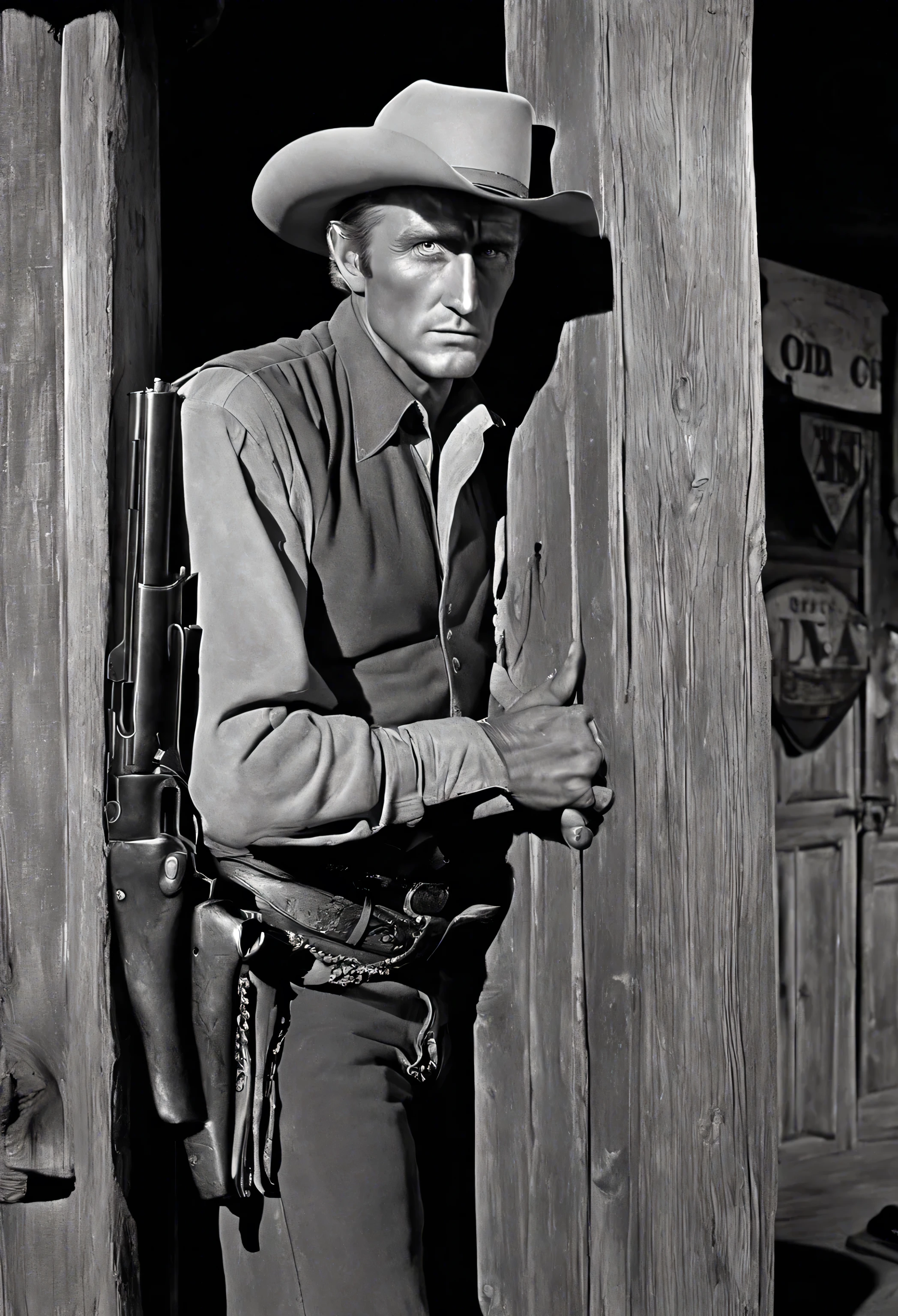  crazy man wearing a cowboy hat leaning against a wooden door, western Gunman, [ Western Movie  ], John Wayne,  squinting at midday , Old West, the Gunman,  old west , Jiro , Western Movie , style jean Jiro , Gunman, Jiro !!, Jiro !, by Roy Dalgarno, in the Old West