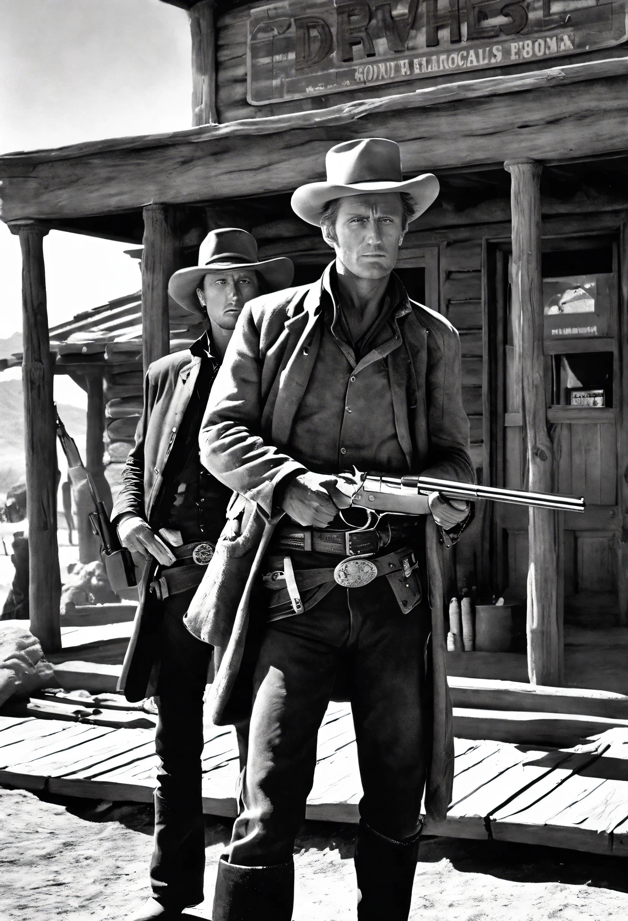 cowboy in front of a building with a gun in their hands, [ Western film ], Western film,   style Clint Eastwood movie  , Old West,  old west , an epic Western, style jean Jiro , Western, Western Gunman, Gunmans, High noon, cowboy, Jiro !!, in the Old West, Gunman, Wyatt Earp と Doc Holliday