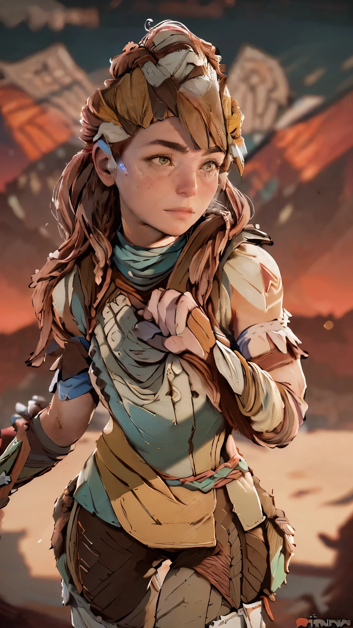 (A woman),(Aloy:1.5),(((Horizon Zero Dawn:1.5))),((Nora Hunting gear:1.5)),((standing bravely:1.5)),(Serious:1.5),(long red hair:1.5),(very detailed beautiful face:1.5),(((slight braided Hair:1.5))),(beautiful eyes:1.3),(Very detailedな顔:1.5),((Very detailed drawing of a female hand:1.5)),((muscular:1.5)),(Sexy appearance:1.5),((Thick thighs:1.5)),(Beautiful Body:1.5),((Very sensual:1.5)),(mountainous background at night:1.5),(warm atmosphere:1.5),(((Blurred Background:1.5))),(Written border depth:1.5),rest(((masterpiece:1.5),(best quality:1.5),(Very detailed:1.5),(high resolution:1.5),(Practical:1.5),(Practical:1.5),(Delicate depiction),(Carefully drawn))),8k,wallpaper