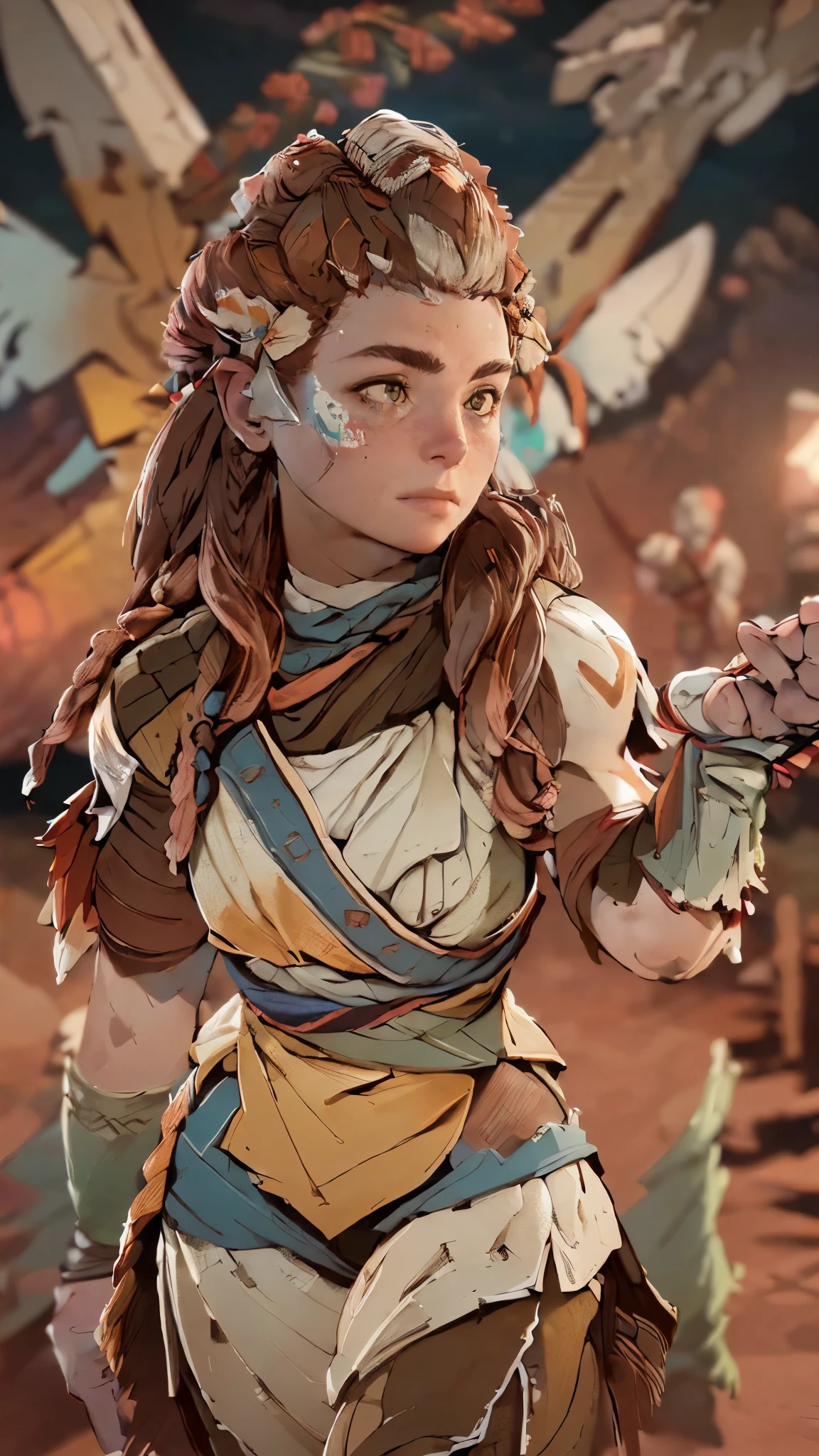 (A woman),(Aloy:1.5),(((Horizon Zero Dawn:1.5))),((Nora Hunting gear:1.5)),((standing bravely:1.5)),(Serious:1.5),(long red hair:1.5),(very detailed beautiful face:1.5),(((slight braided Hair:1.5))),(beautiful eyes:1.3),(Very detailedな顔:1.5),((Very detailed drawing of a female hand:1.5)),((muscular:1.5)),(Sexy appearance:1.5),((Thick thighs:1.5)),(Beautiful Body:1.5),((Very sensual:1.5)),(mountainous background at night:1.5),(warm atmosphere:1.5),(((Blurred Background:1.5))),(Written border depth:1.5),rest(((masterpiece:1.5),(best quality:1.5),(Very detailed:1.5),(high resolution:1.5),(Practical:1.5),(Practical:1.5),(Delicate depiction),(Carefully drawn))),8k,wallpaper