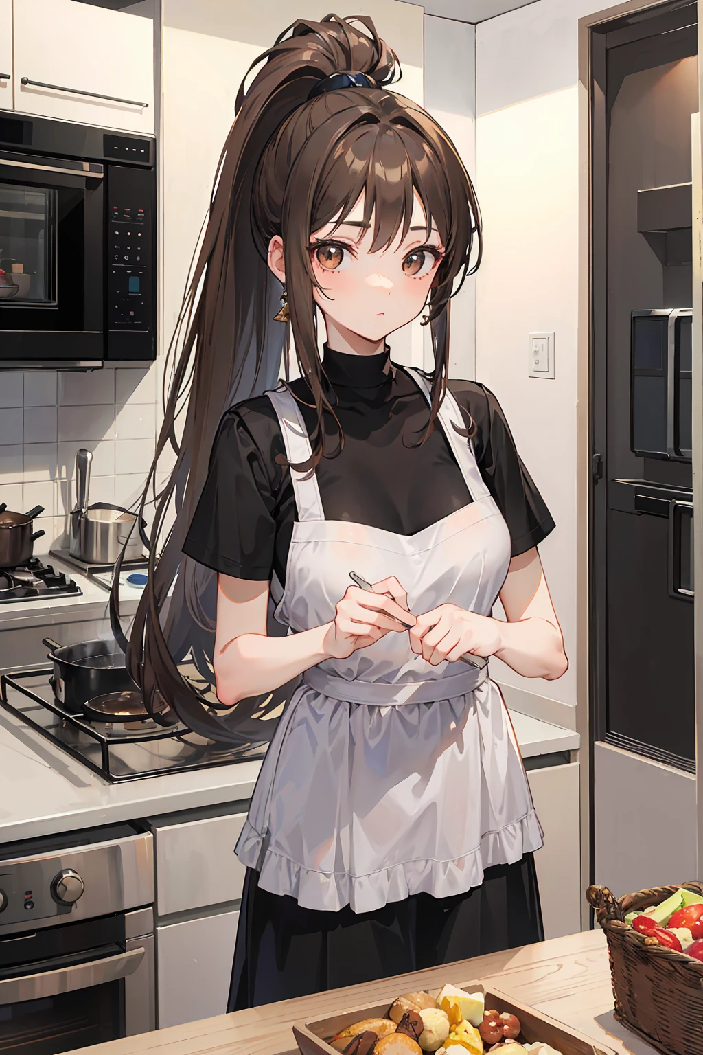 Black hair twin tails、Small breasts、Naked Apron、kitchen