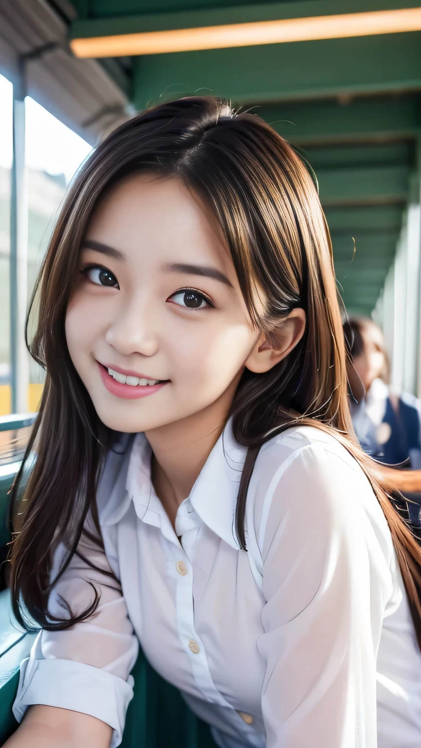 ((Highest quality, 8K, masterpiece: 1.3)), 1 Girl, smile, whole body, Slim face, Beautiful woman, ((Extra long brown hair:1.2))、White crisp shirt at upper body, The lower half is a red tweed skirt, High heels, Highly detailed face, Fine grain, double eyelid, Blurred Background, Slim face, full figure supermodel standing, entire body in frame、School teacher、In the school hallway、Place your left hand gently on your chin,((arms up:1.3)),((Selfie))
