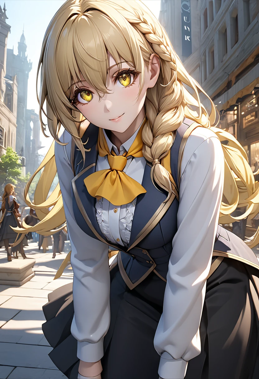 Guild Girl, Guild Girl, Long Hair, Blonde, (Yellow Eyes:1.5),  braid, single  braid, smile,break skirt, shirt, Long sleeve, white shirt, pantyhose,  Black Skirt , vest,  long skirt, Yellow Ribbon, Ascot, yellow Ascot,break looking at viewer,  upper body, Full Body, ( cowboy shot:1.5),break outdoors, city,break (masterpiece:1.2),  best quality,  High Resolution ,  unity 8k Wallpaper , (figure:0.8), ( beautiful eyes with attention to detail:1.6),  Extremely Detailed Face ,  perfect lighting,  highly detailed CG, (Perfect hands,  Perfect Anatomy)