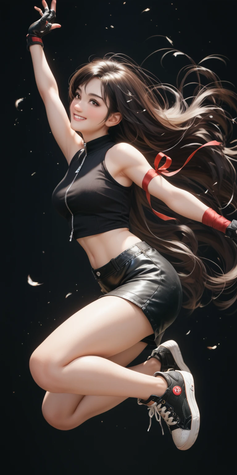 (masterpiece,Highest quality,Ultra-high resolution),(((A very beautiful girl))), age 25, acTifa, brown eyes, dark brown long hair, black shirt, black tank top, zipper, black skirt, midriff, black shorts, black gloves, red arm ribbon, black sneakers, dynamic pose, sexy pose, blush, hair blowing in the wind, black background, smile, 