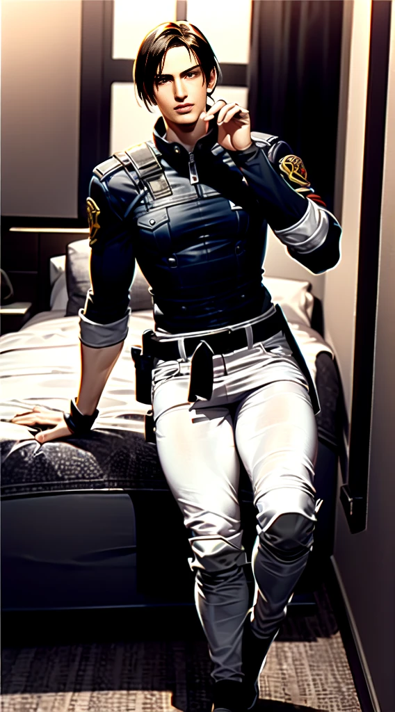 (Highly detailed CG), ( best quality), (Highly detailed CG), ( best quality), (Leon S. Kennedy), (Overall view) SWAT Clothing, Beautiful and attractive young man, Lean and muscular