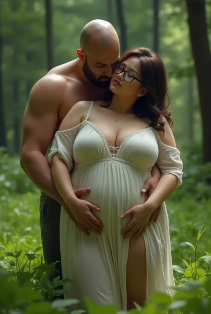a naked white pregnant girl stands in an embrace with a black man, against a background of trees,