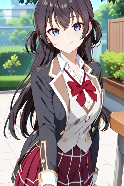 1girl, bangs, black hair, eyebrows visible through hair, long hair,
BREAK red bow, red bowtie, school uniform, shirt, skirt, open clothes, open jacket, long sleeves, jacket, collared shirt,
BREAK standing, 
BREAK smile,
BREAK cowboy shot, from front,
BREAK outdoor, garden,
BREAK (best quality, masterpiece, detailed:1.1), HD, anime colored, (beautiful detailed eyes:1.4), extremely detailed face, perfect lighting, extremely detailed CG, (perfect hands, perfect anatomy),