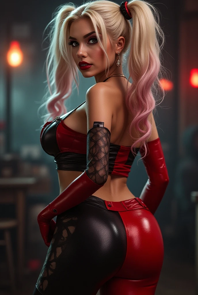Stunning and captivating, this full body depiction of Harley Quinn from the gaming world radiates stylish realism. Each curve and contour is meticulously rendered with exquisite attention to detail, showcasing her trademark red and black outfit with an irresistible allure. The vivid, neon colors pop against the backdrop of the darkness, reflected in her gleaming, wet eyes, adding an enticing psychedelic touch to the masterpiece. The abstract, honeycomb pattern in the background complements her sleek appearance and adds depth to the artwork, making this a truly unforgettable representation of the iconic DC Comics character. (creative:1.2