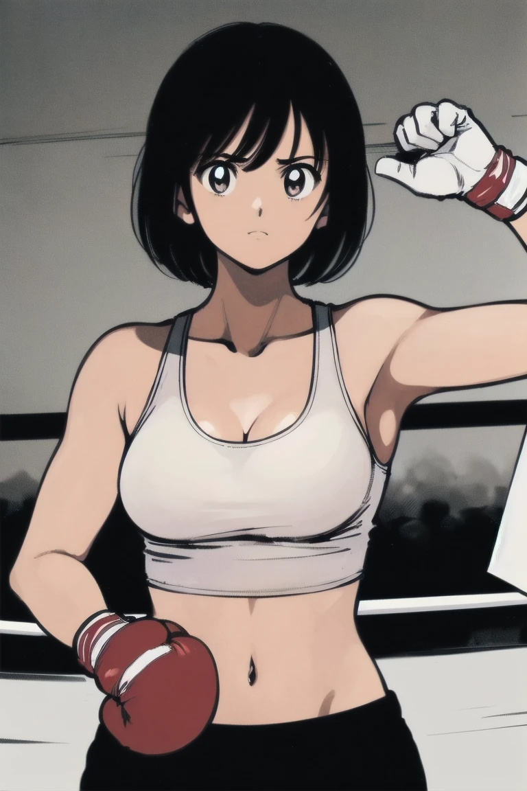 (((Full Body Shot、Female professional boxer、In the ring、            Boxing Gloves       、 Covered navel  、Slender body、 short hair、Big Breasts、bangs、Tank tops)))、((Pencil drawing))、((Manga))、(masterpiece、top-quality)、   best quality, masterpiece, 超A high res, (Realistic:1.4), ((masterpiece:1.4,    best quality)), ((masterpiece,    best quality)), (Manga style:1.4)、 (超A high res:1.2),  high res、flawless、masterpiece,    best quality,                 Soft Dim Lighting                , addition_detailed, Good lighting、A highly detaileded、((beautifull detaileded face))、( ((ultra-detailedliert )))、ns   、Side light、((Raising awareness 、 best to        write a professional photo on a boxing ring ))、Highly detaileded eyes、                perfect lighting 、(extremelydetailededCG:1.2)、(((masterpiece))), (1 personの少女)、(1 person)、                solo focus           、    、 beautiful girl with beautiful detaileds,    very cute, beautiful girl with beautiful detaileds,                   write a professional photo on a boxing ring     , extremely detaileded eye and face, （ 人物の接写 ）、(Manga style:1.1)、Plain Bottom、(masterpiece、   best quality:1.2)、((                facing the front          :1.2))、bangs付き、Young woman 、((                 upper body  :1.2))、 short hair、    、 Outside、                Boxing Gloves                、Full Body Shot